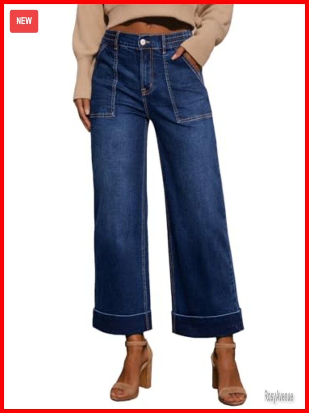 Stretch High Waist Wide Leg Cropped Jeans with Pockets